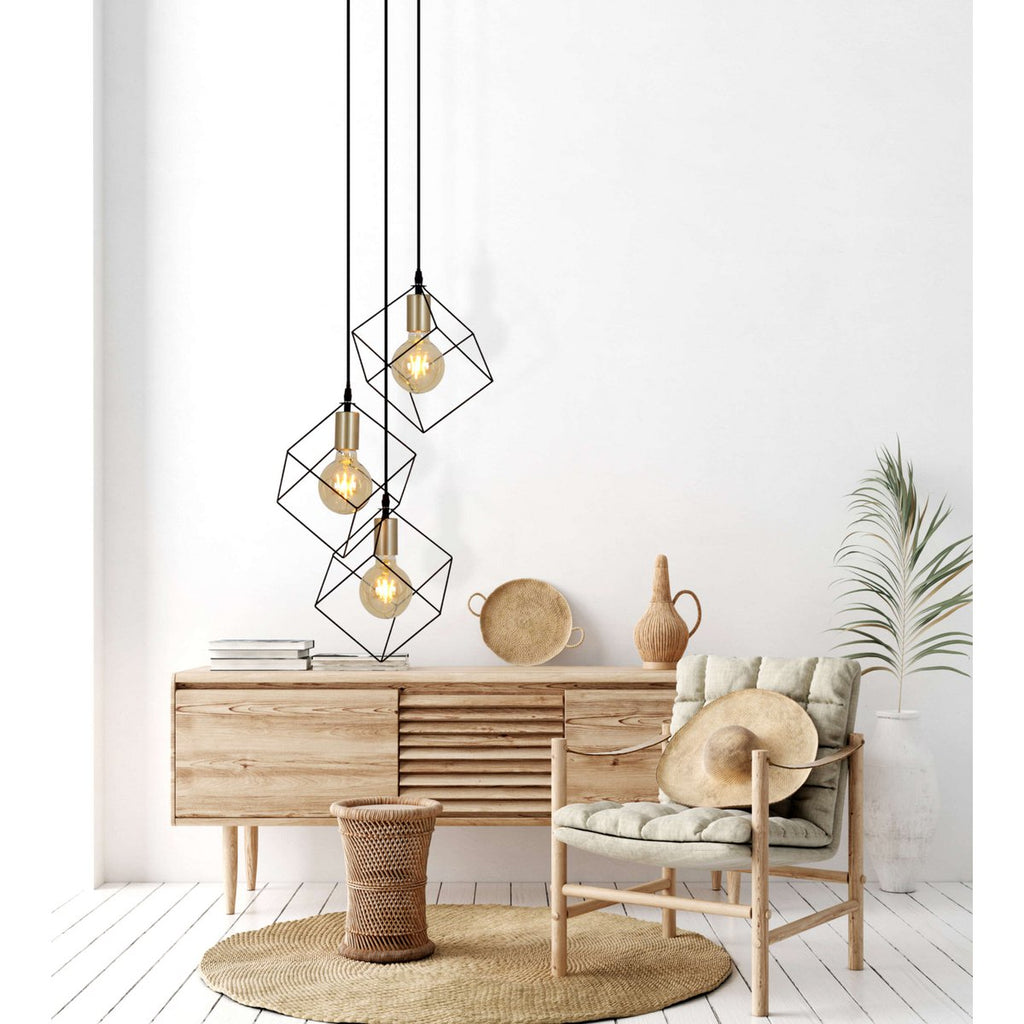 3 Flame hanglamp "Canto", hintlamp gemaakt van zwart en goud, E27-Socket-versie, voor eetkamer, woonkamer, gang of kantoor, 39 x 39 cm