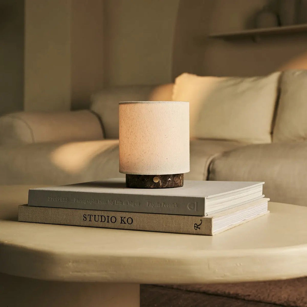 Mauve Beige & Brown / Emperador Dark - Marble oplaadbare taflamp - 3 lichte modi, draadloos en met linnen verwisselbare lampenkap