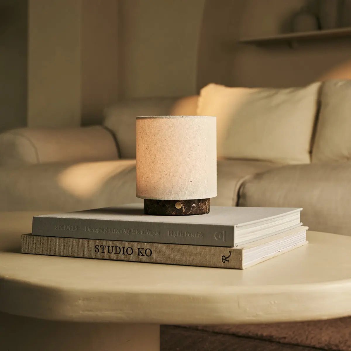 Mauve Beige & Brown / Emperador Dark - Marble oplaadbare taflamp - 3 lichte modi, draadloos en met linnen verwisselbare lampenkap