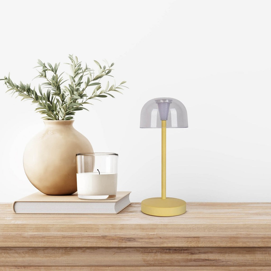 2-ex-ingestelde LED-batterijtafellamp "Gomba" voor buiten en binnen, gemaakt van metaal en plastic in geel, 18,5 cm hoog