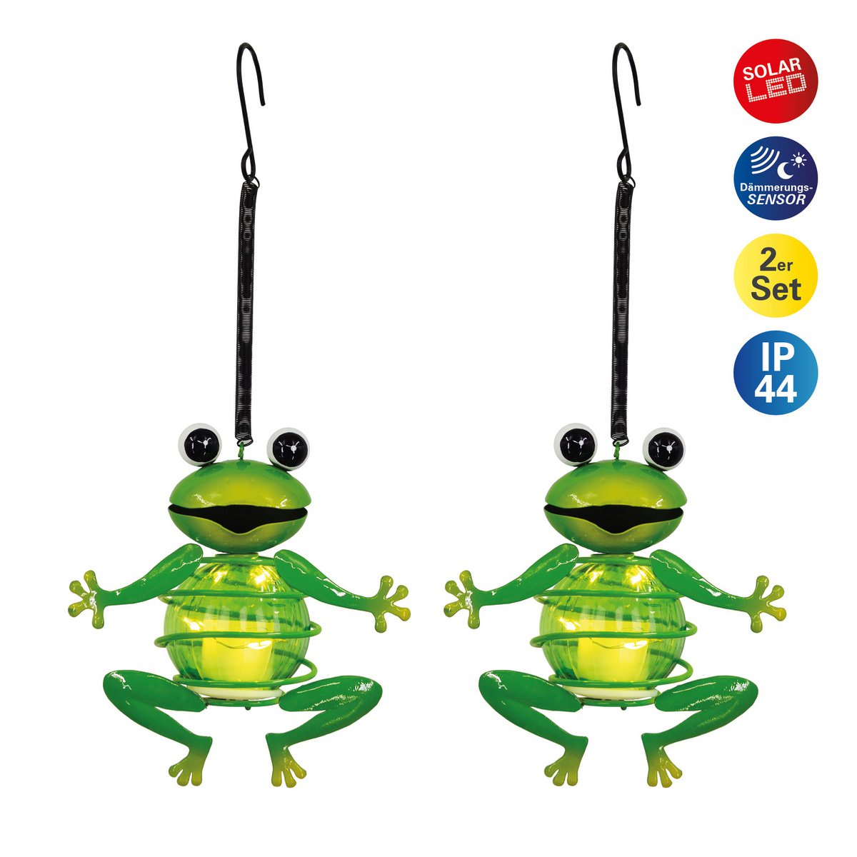 2 Set Solar-Deco Hanglight "Frosch" ongeveer 20 cm hoog, gemaakt van geverfd ijzer, inclusief Twilight-sensor;