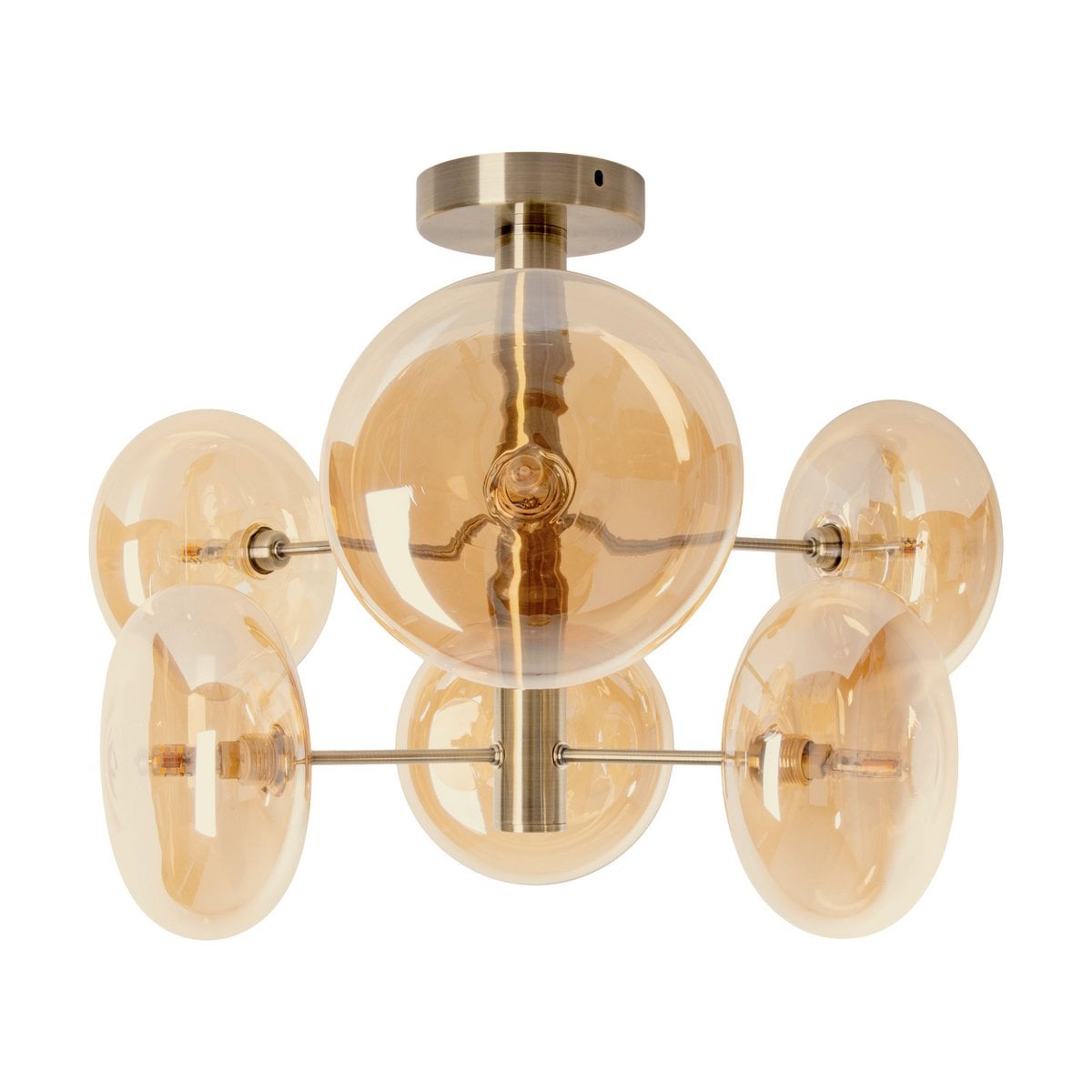 Plafondlamp "Orion" Ø ongeveer 53 cm barnsteen, gemaakt van messing gekleurd metaal en glas in barnsteen, G9-basis, verlichting voor woonkamer, eetkamer of kantoor.