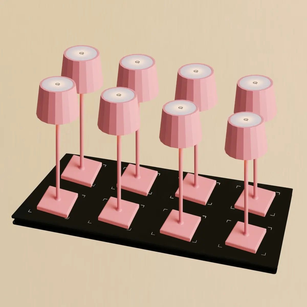Combi Set Professional-8 x Wouter Flamingo Roze oplaadbare tafellampen & 1 x Central Station draadloos laadstation met Qi-Technology