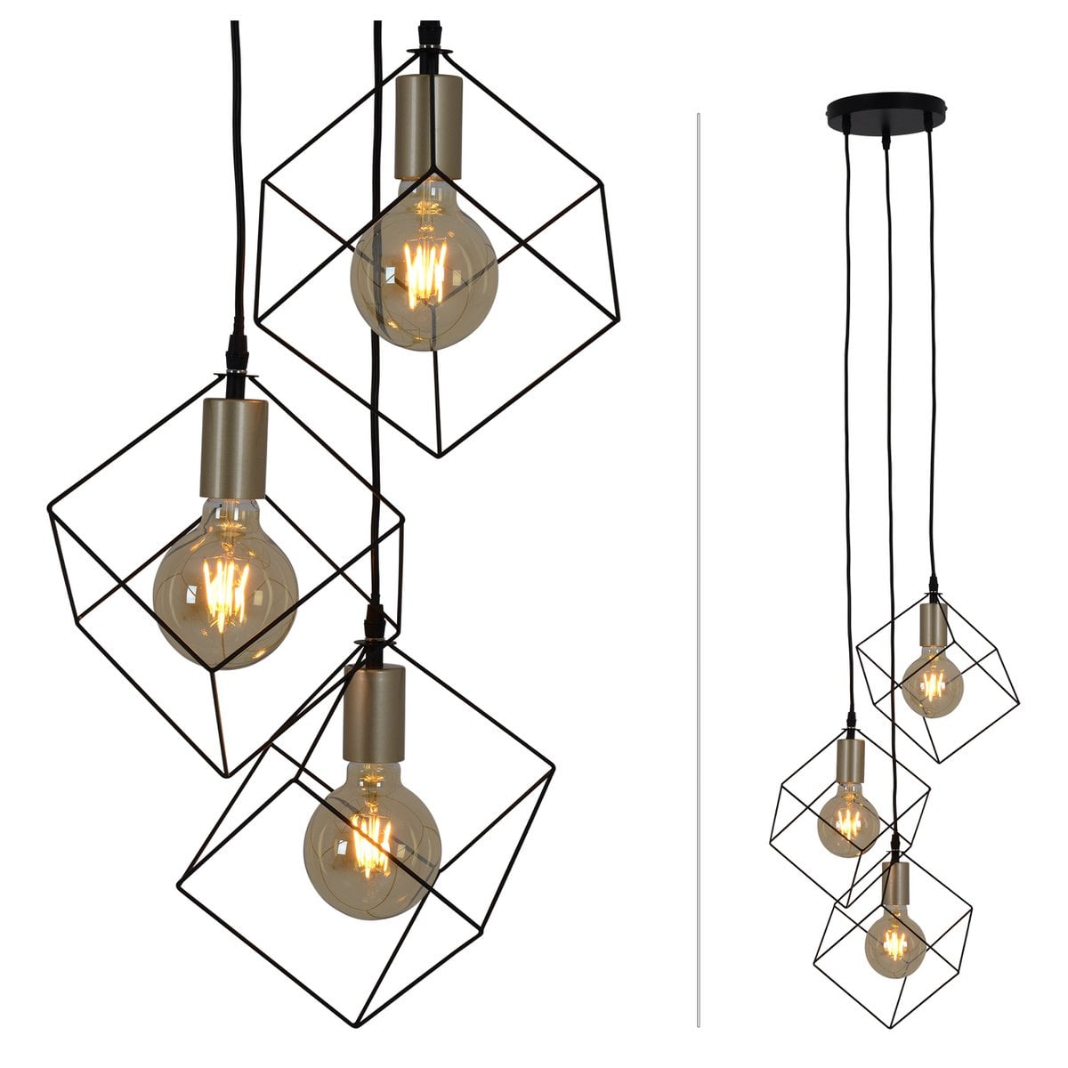 3 Flame hanglamp "Canto", hintlamp gemaakt van zwart en goud, E27-Socket-versie, voor eetkamer, woonkamer, gang of kantoor, 39 x 39 cm