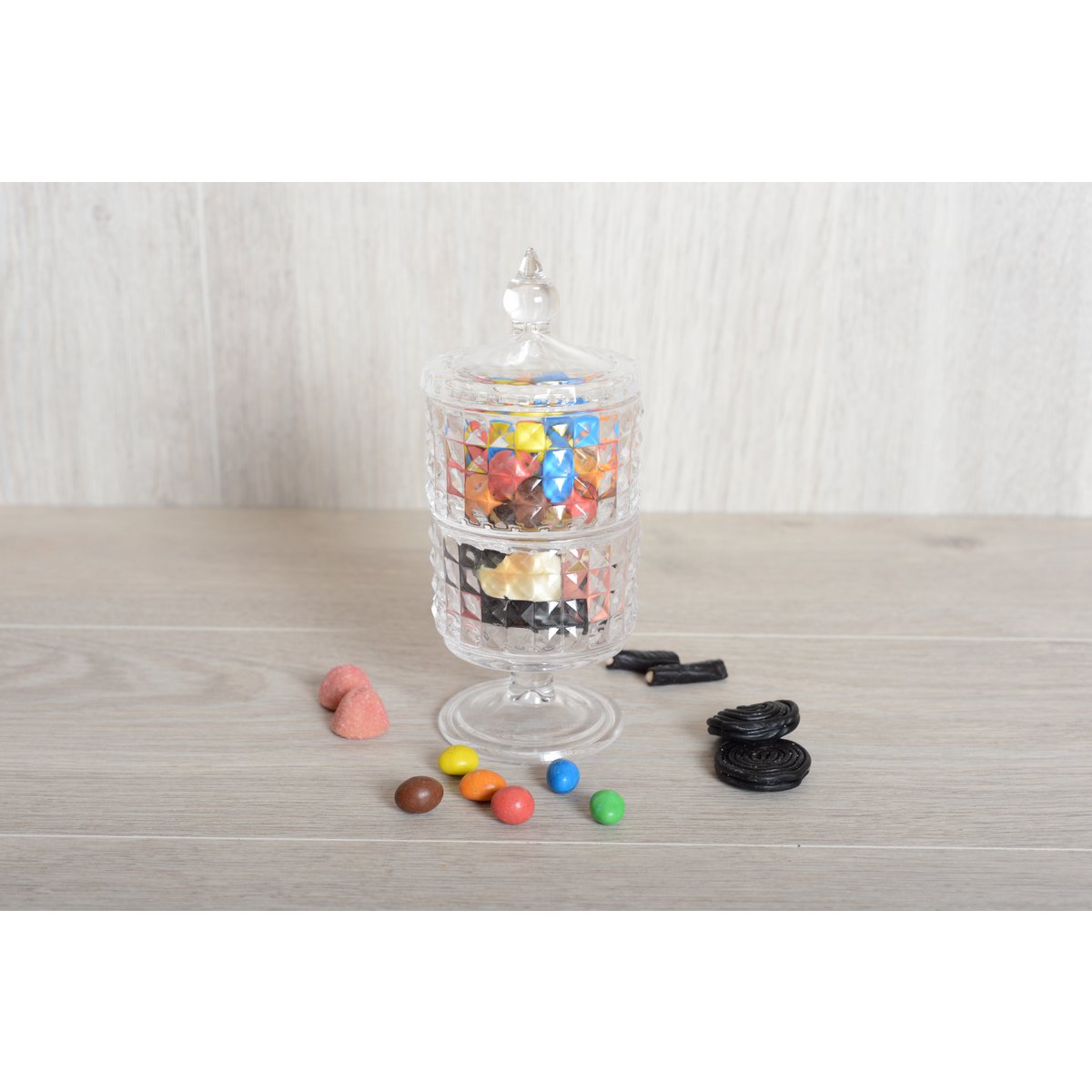 Bonbonnière 2 verdiepingen in staand glas met H24cm -hoes