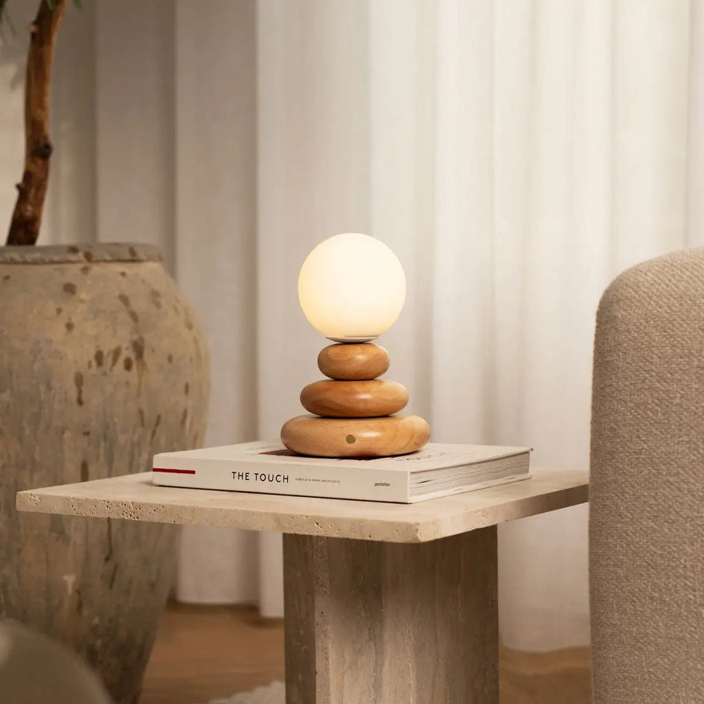 Isabella Houten & Glazen Oplaadbare Lamp - Snoerloos & Dimbaar