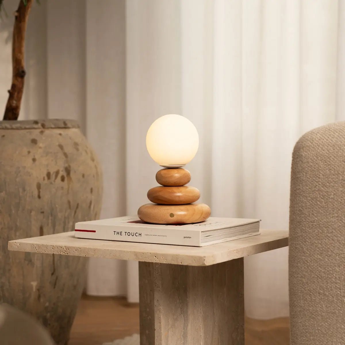 Isabella Houten & Glazen Oplaadbare Lamp - Snoerloos & Dimbaar