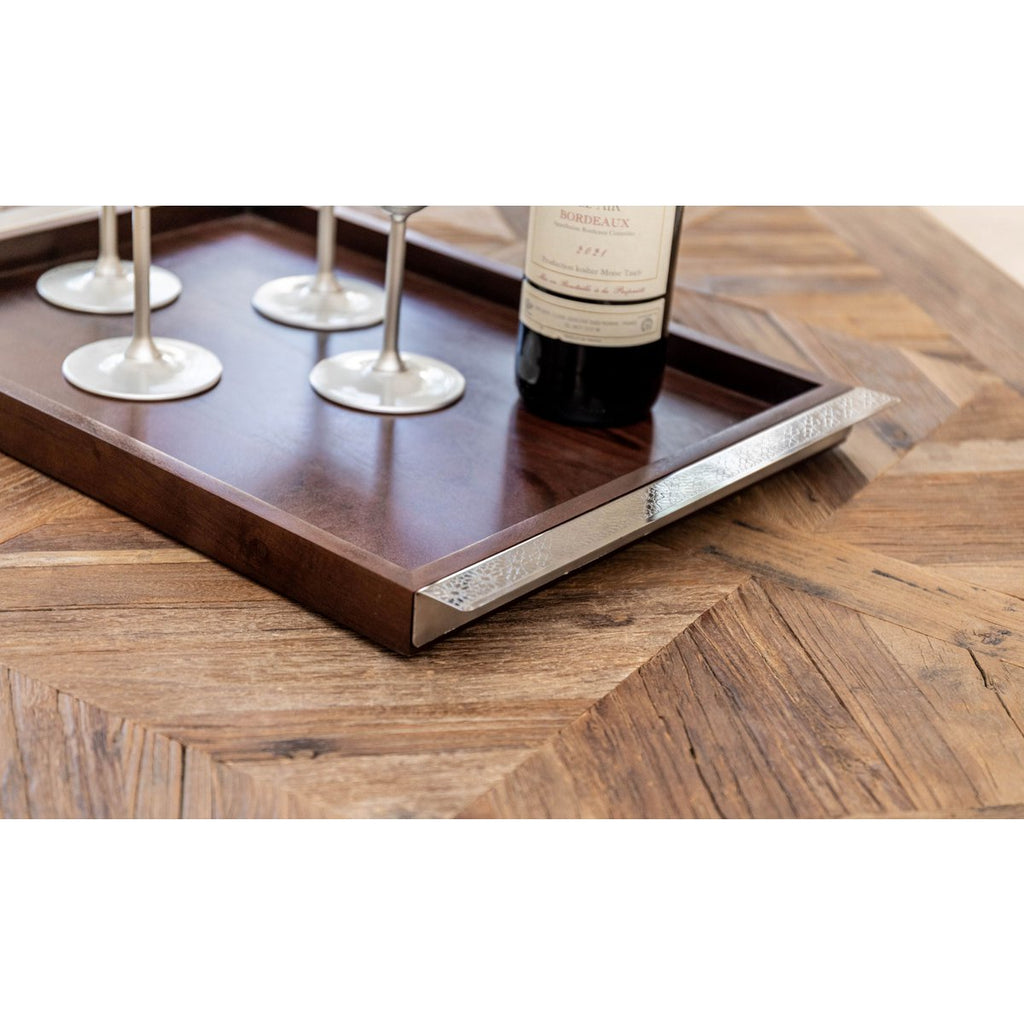 Rechthoekig houten dienblad met 44x33cm zilveren metalen handgrepen