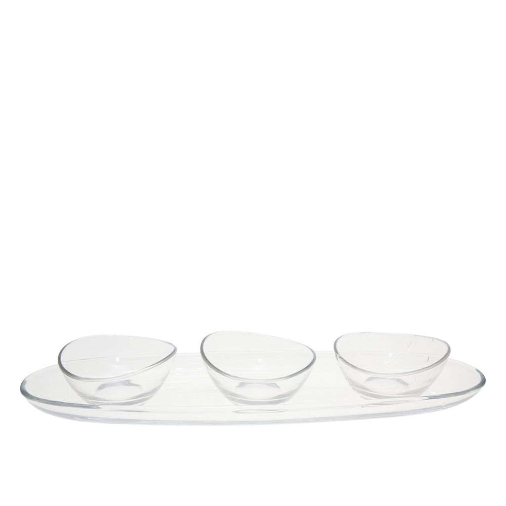 Aperitief set van 3 kopjes op transparant plateau 50 cm