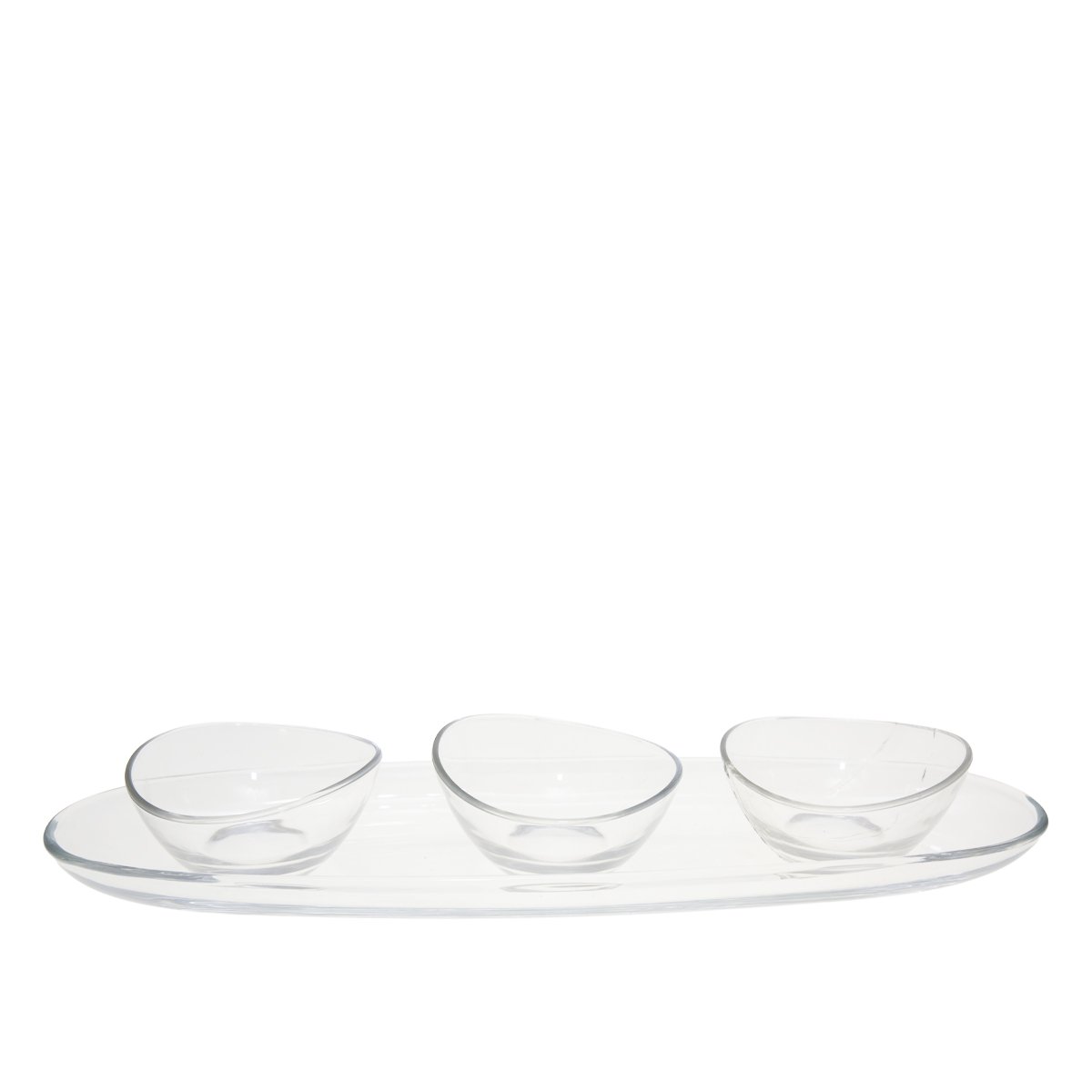 Aperitief set van 3 kopjes op transparant plateau 50 cm