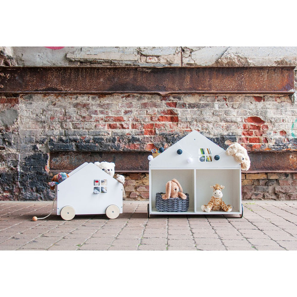 Kinderboekenplank op wielen "HUS", wit