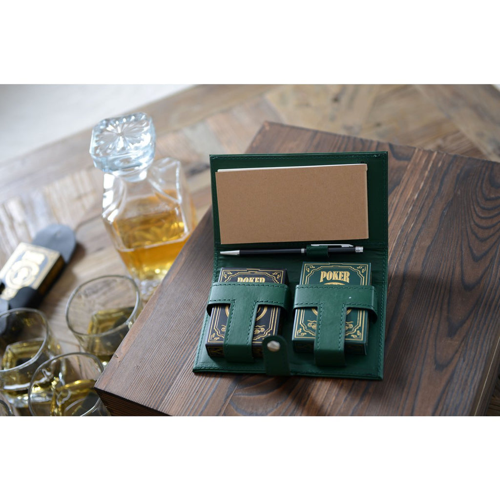 2 pokerspellen met pen en lakens in een lederen groene carpin faux