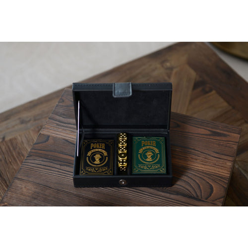 2 pokerspellen en 5 gouden dobbelstenen briefs in zwart faux leer