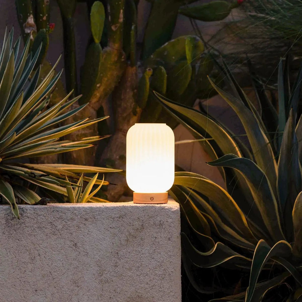 Unieke oplaadbare lamp Lilly – matglas en houten voet, dimbaar, 3 lichtmodi