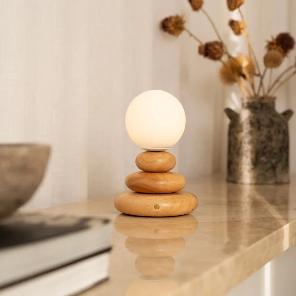 Isabella Houten & Glazen Oplaadbare Lamp - Snoerloos & Dimbaar