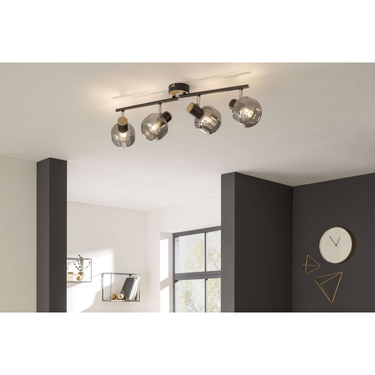 4er spot plafondlamp "fumoso", plafondlamp gemaakt van metaal en rookglas in zwart, met E14 -aansluiting, voor eetkamer, woonkamer, gang of kantoor, 80 x 20 cm