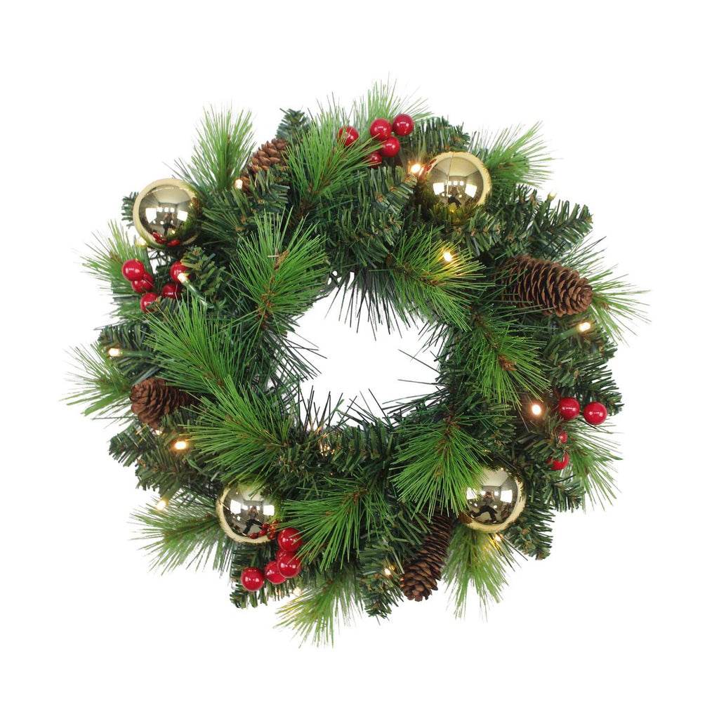 LED Kerstkrans "Noel" Outdoor Decoratie gemaakt van metaal en plastic in groen en goud, met stevig geïnstalleerde LED's