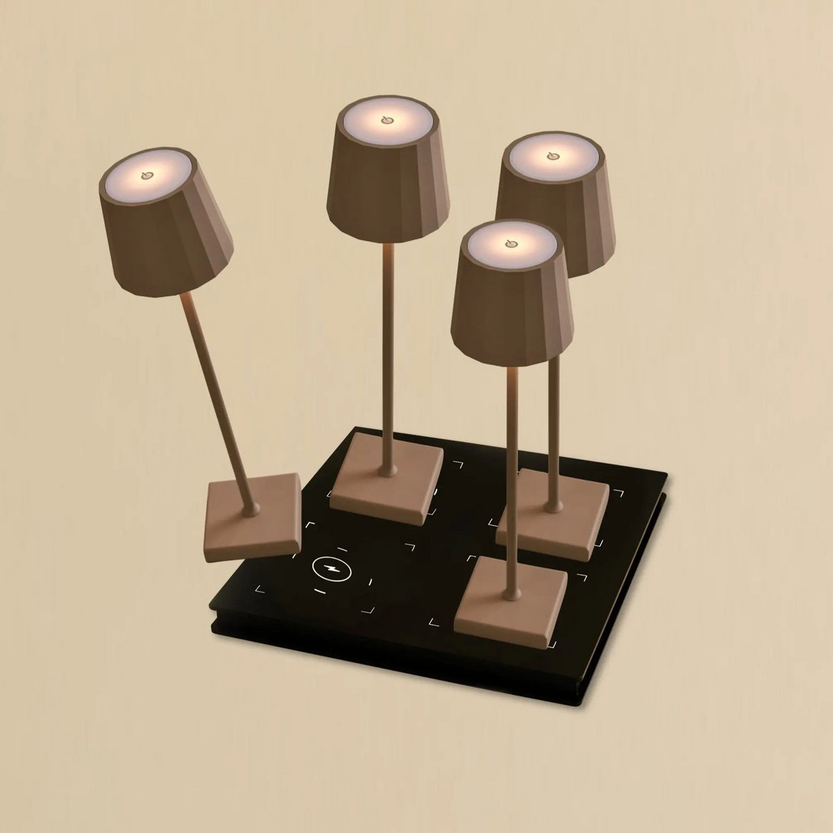 Combi Set Professional-4 X Wouter Koala Brown Oplaadbare tafellampen & 1 x Amstel Wireless Laying Station met Qi-Technology