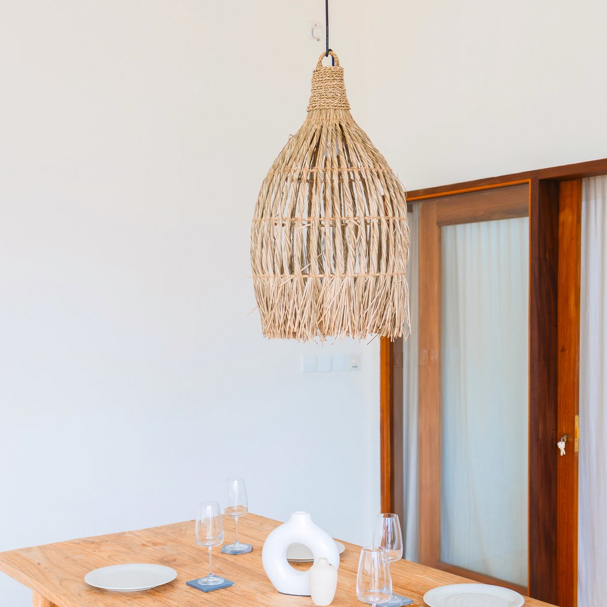 Plafondlamp van zeegras – Boho lampenkap hanglamp – natuurlijke hanglamp – grote trechtervormige zeegras lampenkap LAMPUNG (Ø 40 cm)