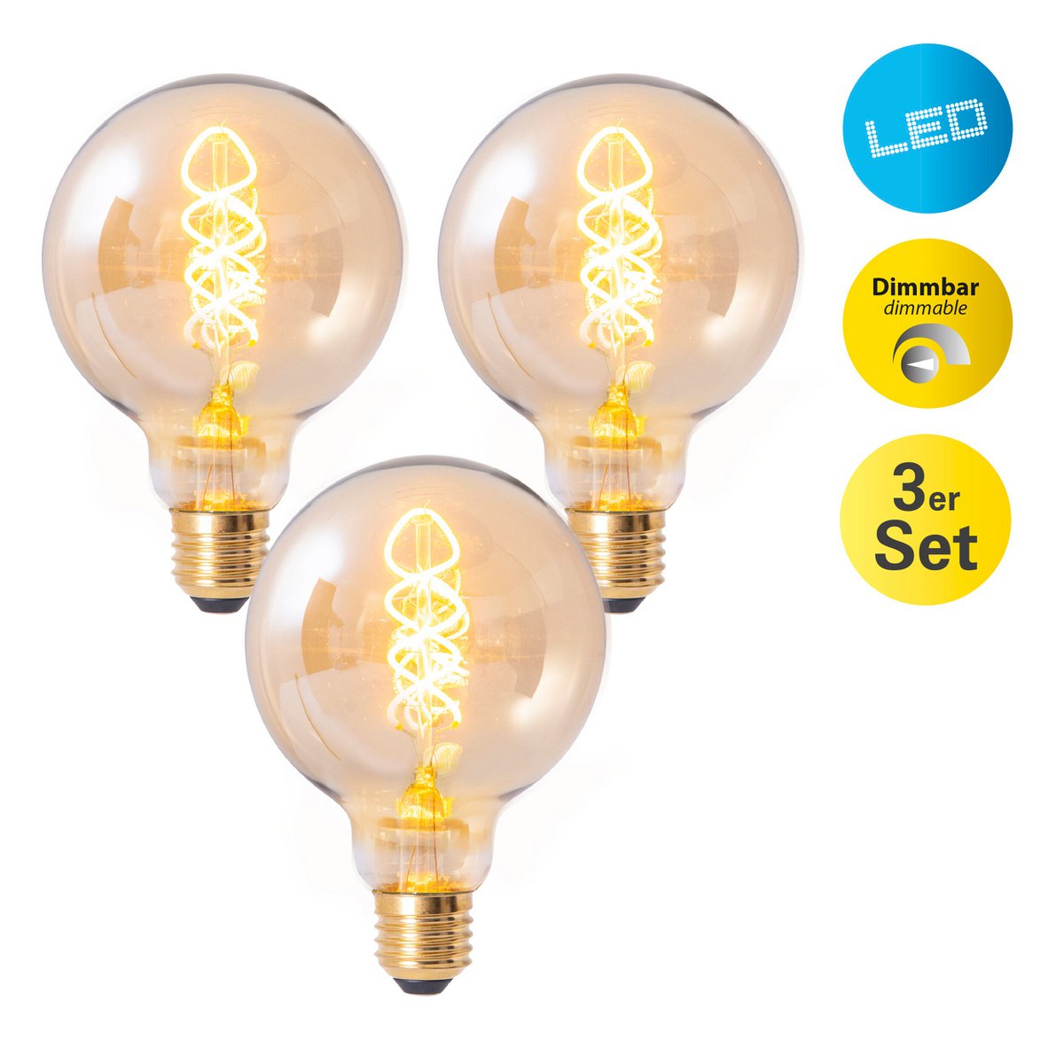 LED -lamp "Dilly" set van 3 met E27 -versie, 4 watt Ø 9,5 cm, gemaakt van metaal en glas, barnsteen