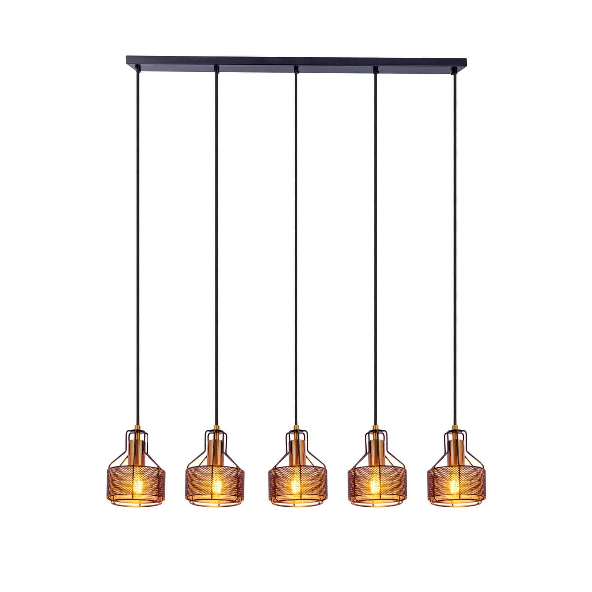 5 hanger lamp "foro" retro hanger lamp gemaakt van metaal in zwart en goud met E27 -versies, 96 cm lang. Stijlvolle verlichting voor woonkamer, eetkamer of keuken.