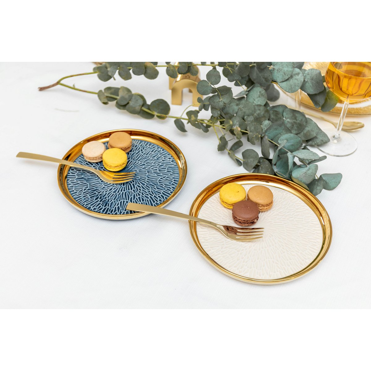 Dessertplaat met gouden rand 2 blauw en 2 crème - veel 4