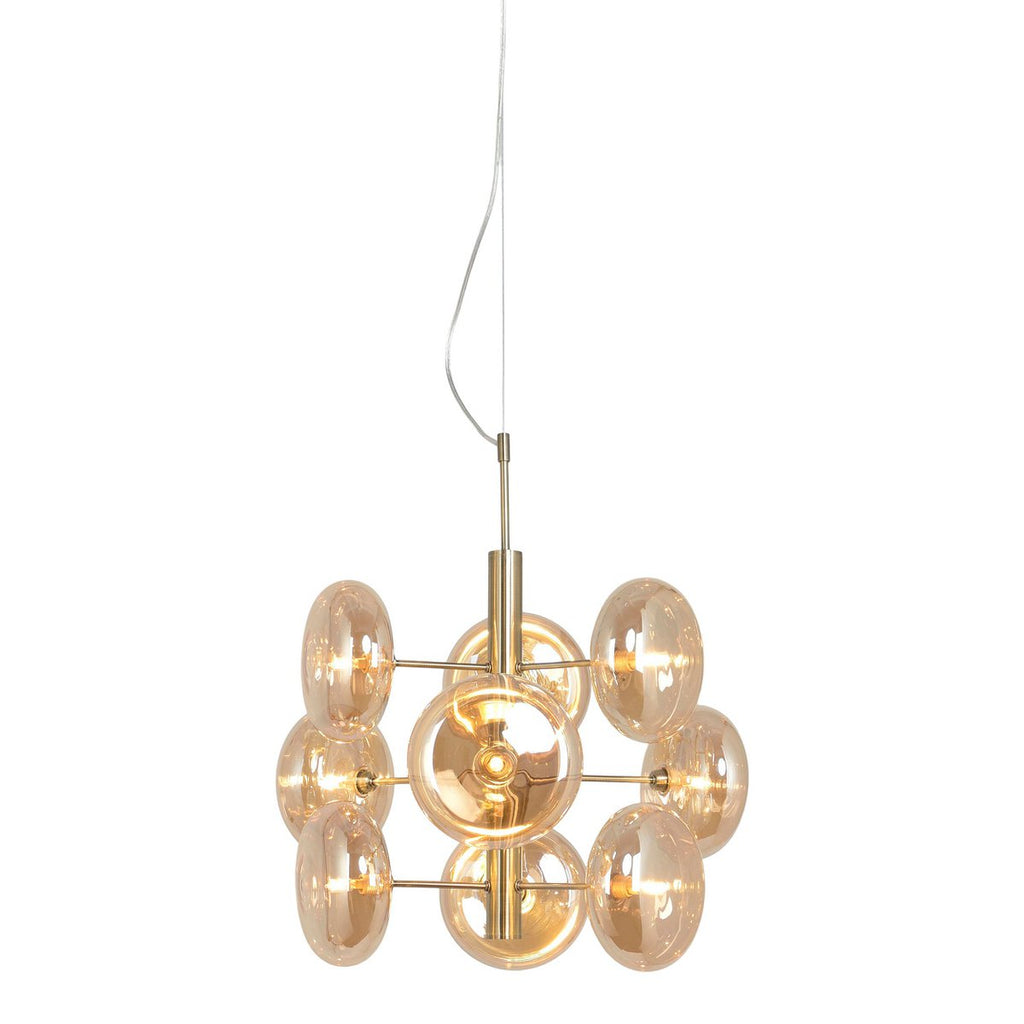 Hanger lamp "Orion" Ø ca. 53 cm, gemaakt van messing gekleurd metaal en glas in barnsteen, G9-sockets, verlichting voor woonkamer, eetkamer of kantoor.