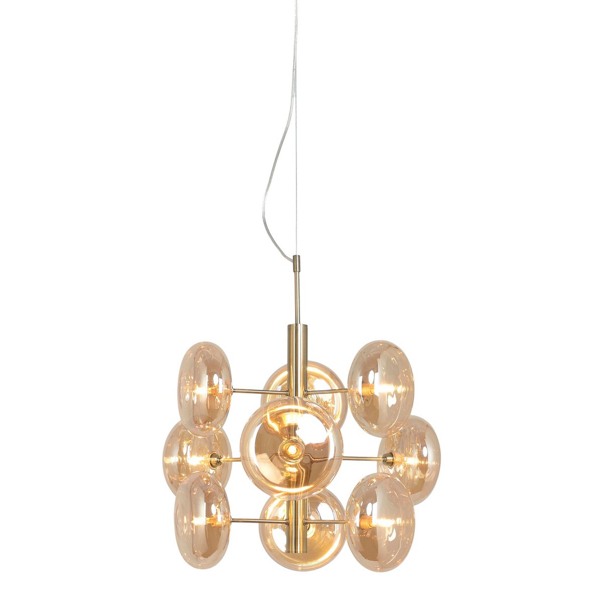 Hanger lamp "Orion" Ø ca. 53 cm, gemaakt van messing gekleurd metaal en glas in barnsteen, G9-sockets, verlichting voor woonkamer, eetkamer of kantoor.
