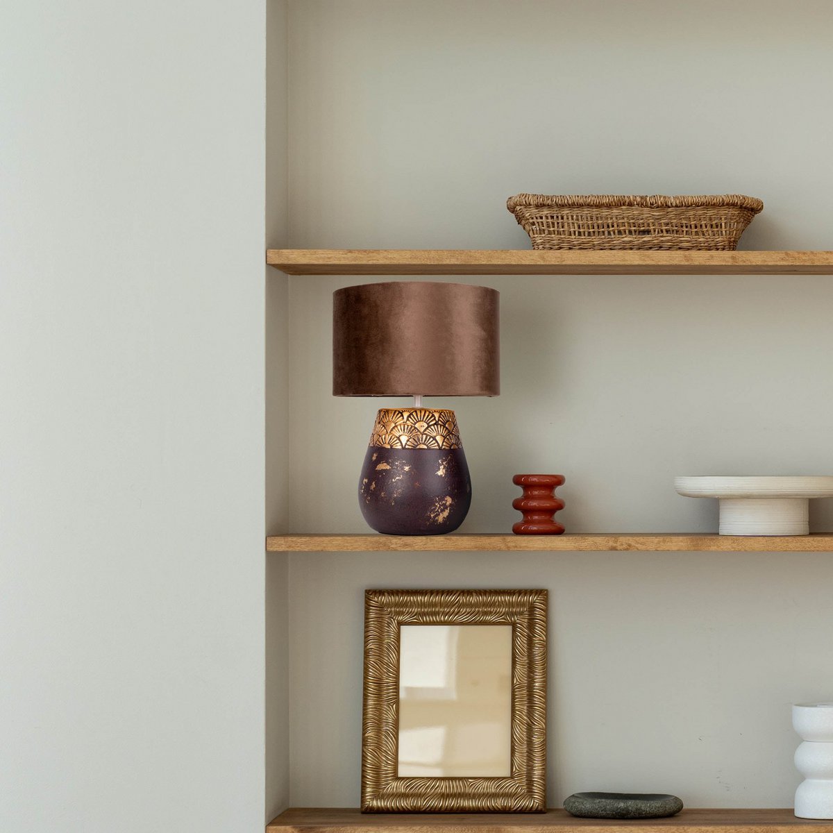 Liv · Oplaadbare houten tafellamp met leren band — grijs
