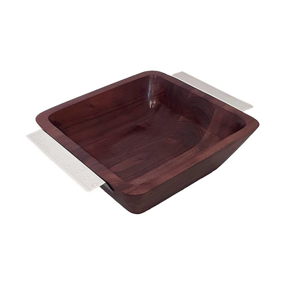 Houten kom met zilveren handgrepen 25x25x8cm