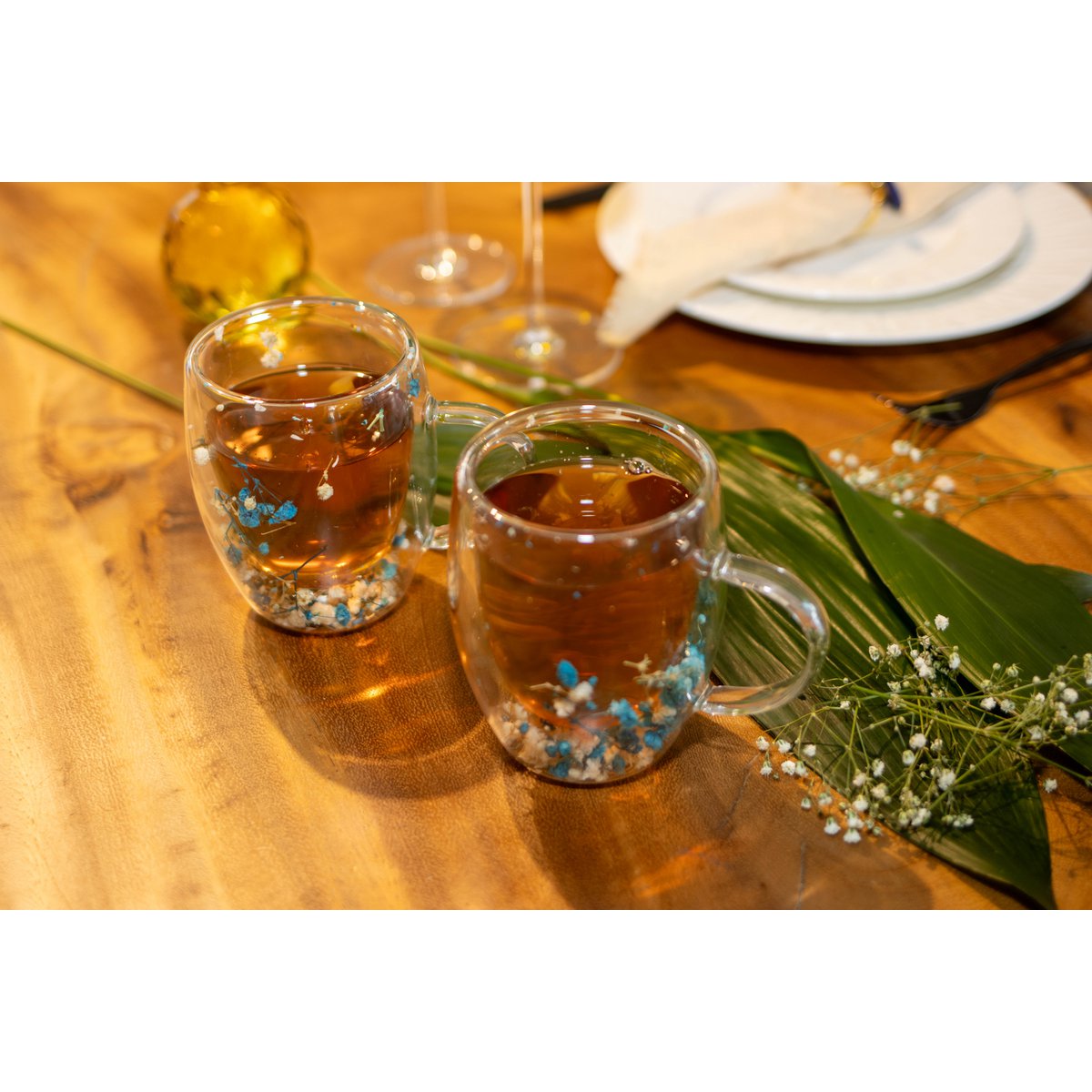 Dubbele wall theekopjes blauwe en witte bloemen 350 ml -lot van 2