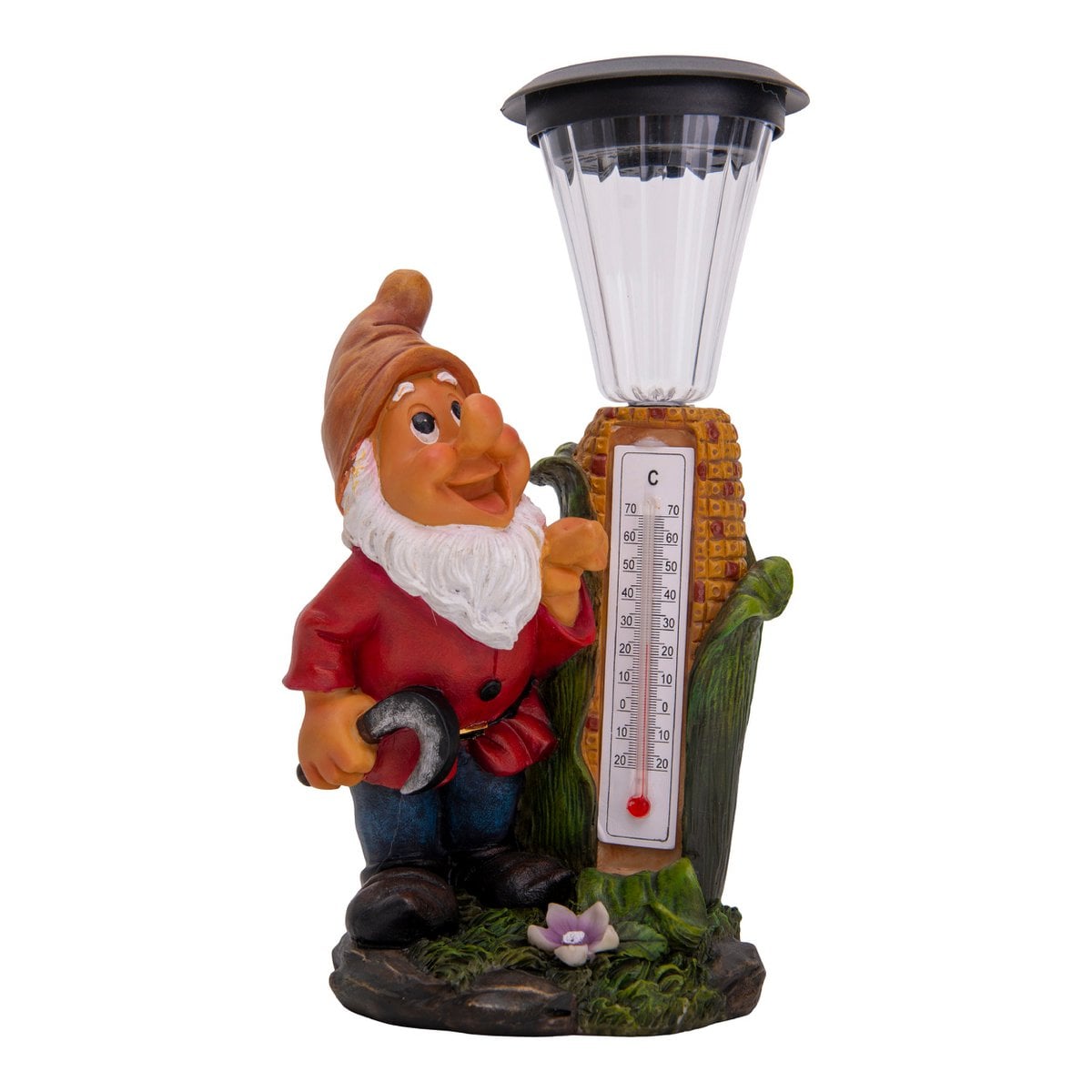 LED -decoratie Solar Light "Dwarf" met thermometer gemaakt van geschilderde polyresin, ongeveer 26 cm hoog en uitgerust met stevig geïnstalleerde LED's