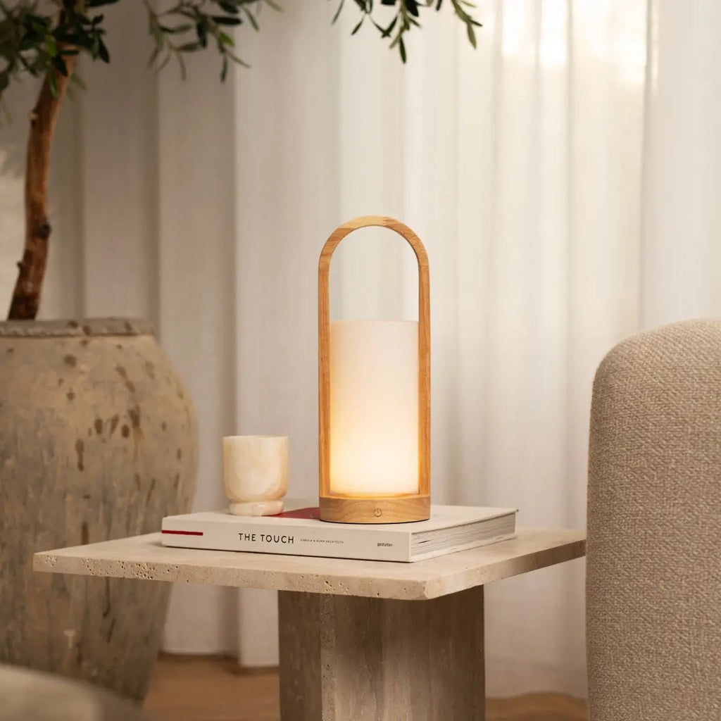 Evie Lichtbruine Oplaadbare Houten Tafellamp – Dimbaar & Snoerloos