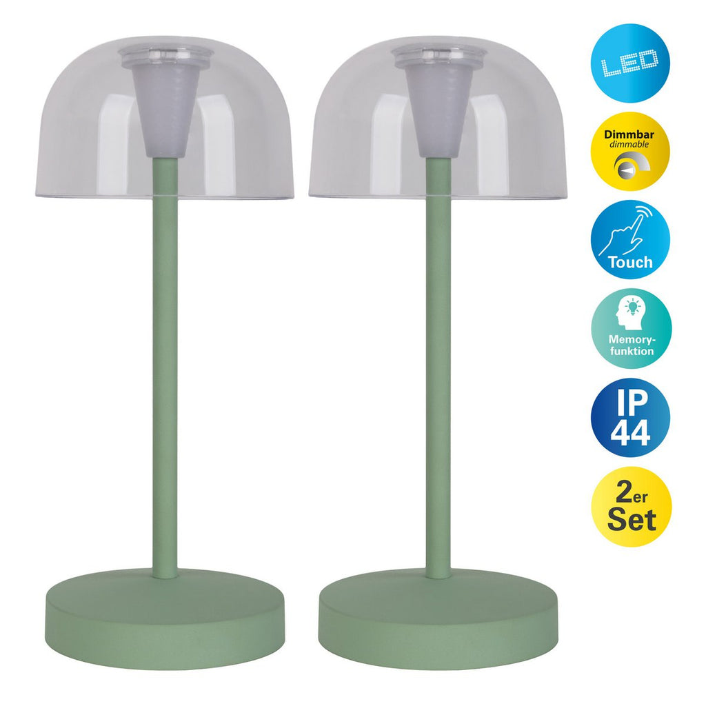 2-set LED-batterijtafellamp "Gomba" voor buiten en binnen, gemaakt van metaal en plastic in mint, 18,5 cm hoog