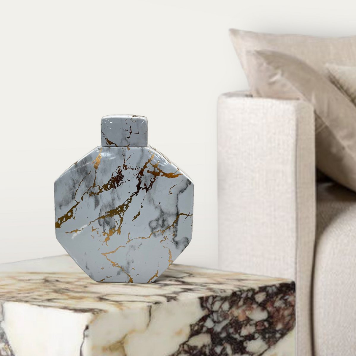 Gouden lak marmeren patroon zeshoek decoratieve pot (klein formaat)