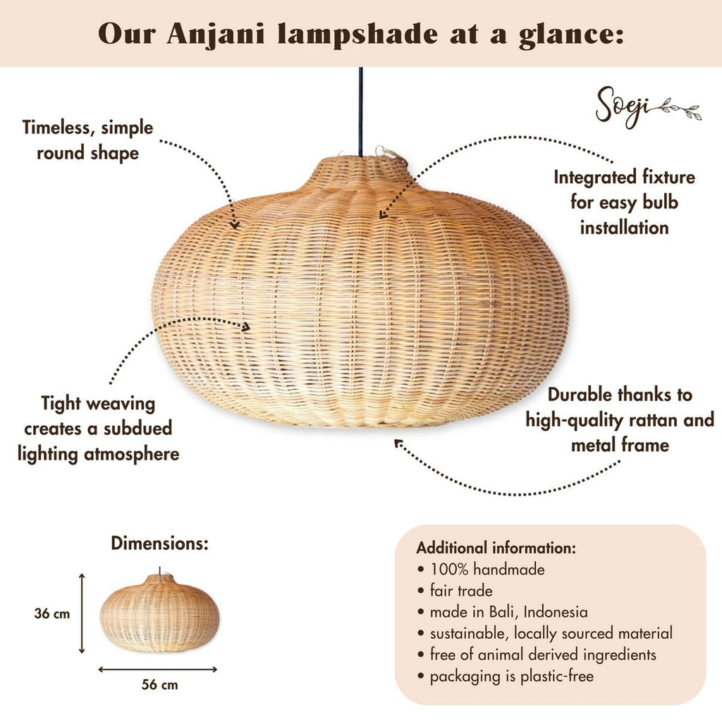 Grote rotan -lampenkap - ronde boho hanglamp - handgemaakte rotan hangende lamp - natuurlijke vezels geweven lampenkap (Ø 56 cm) anjani