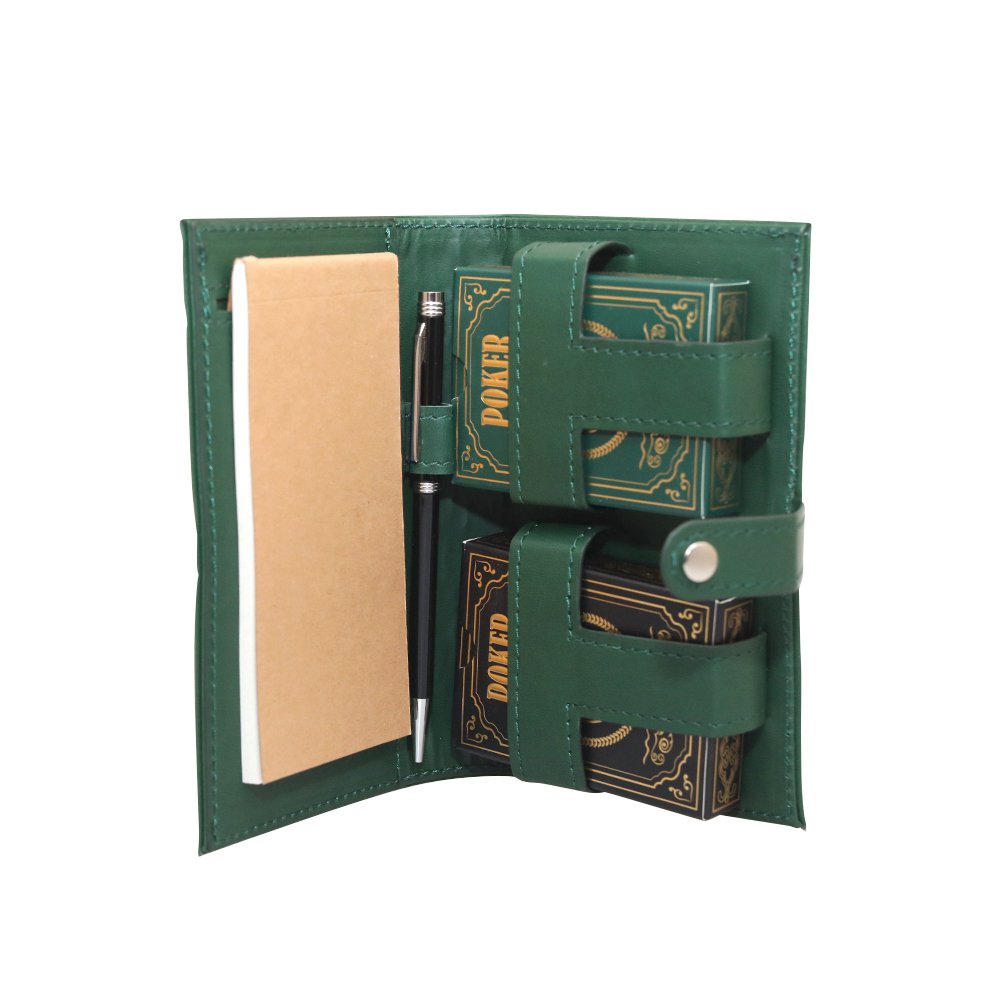 2 pokerspellen met pen en lakens in een lederen groene carpin faux