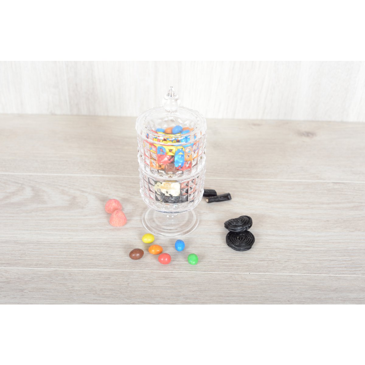 Bonbonnière 2 verdiepingen in staand glas met H24cm -hoes