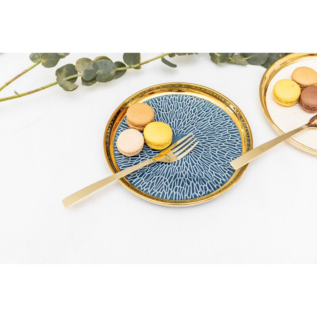 Dessertplaat met gouden rand 2 blauw en 2 crème - veel 4