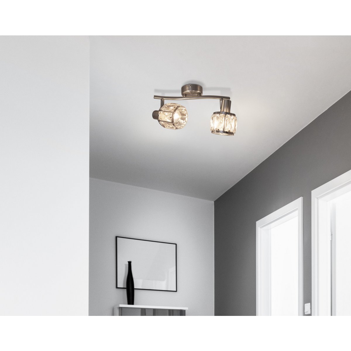 2-serie geleide plek "Josefa", metalen plafondlamp en glas in roestvrijstalen look, met E14-versie Filamentlampen inbegrepen, voor woonkamer, eetkamer, gang of gang 28 x 8 cm