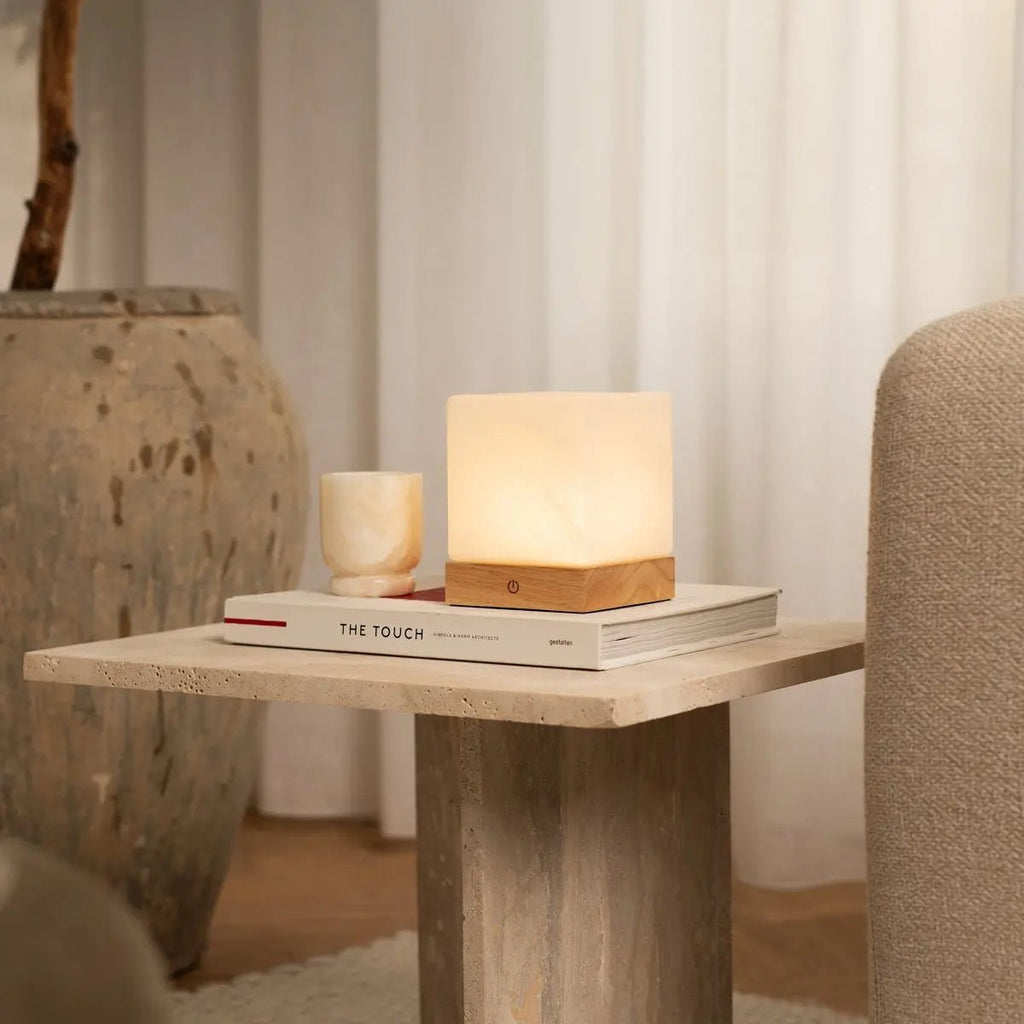 YCE lichtbruine draadloze houten lamp met bevroren glas-oplaadbare, dimbare, 100-uur batterij