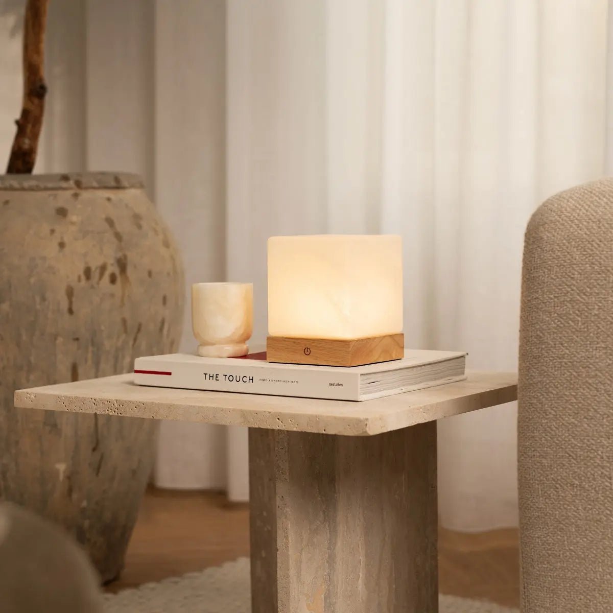 YCE lichtbruine draadloze houten lamp met bevroren glas-oplaadbare, dimbare, 100-uur batterij