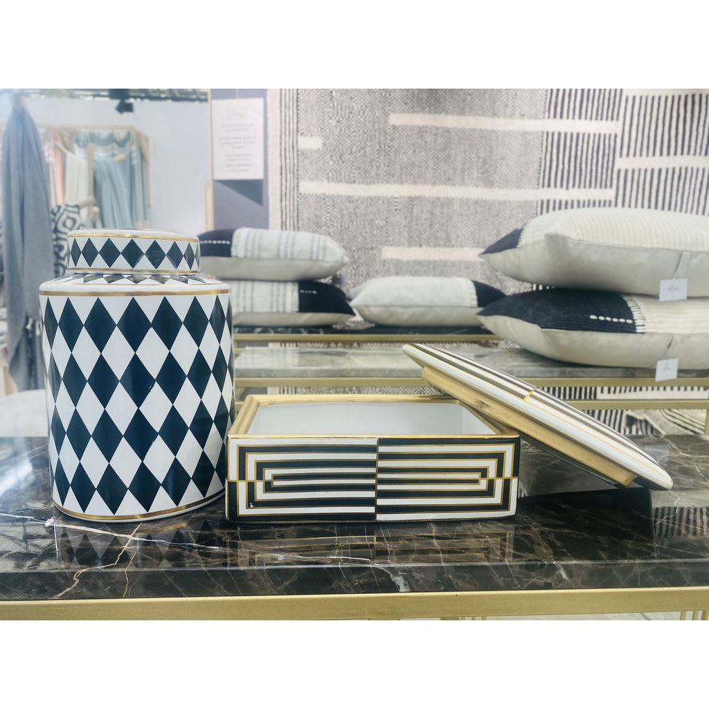 Moderne huisdecoratie opbergdoos met zwart-wit gouden rand