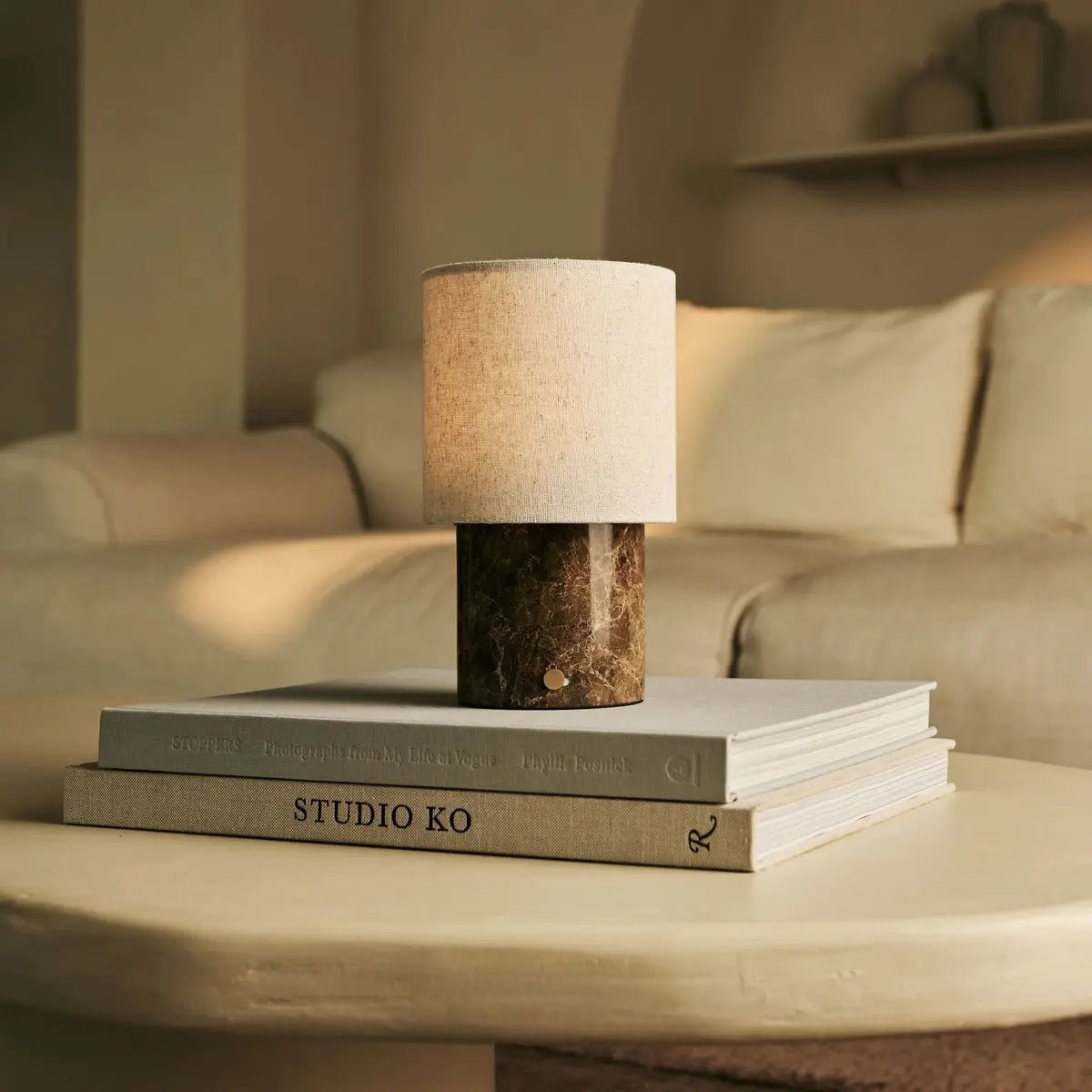 Onoda Brown / Emperador Dark - Marmeren oplaadbare tafellamp - met linnen verwisselbare lampenkap en oplaadbaar ontwerp