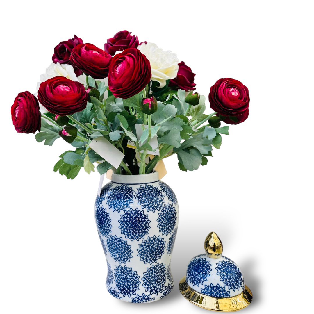 Dahlia blauwe en witte porselein gemberpot