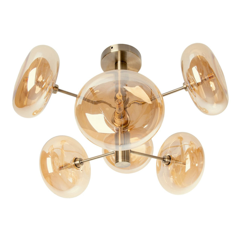 Plafondlamp "Orion" Ø ongeveer 53 cm barnsteen, gemaakt van messing gekleurd metaal en glas in barnsteen, G9-basis, verlichting voor woonkamer, eetkamer of kantoor.