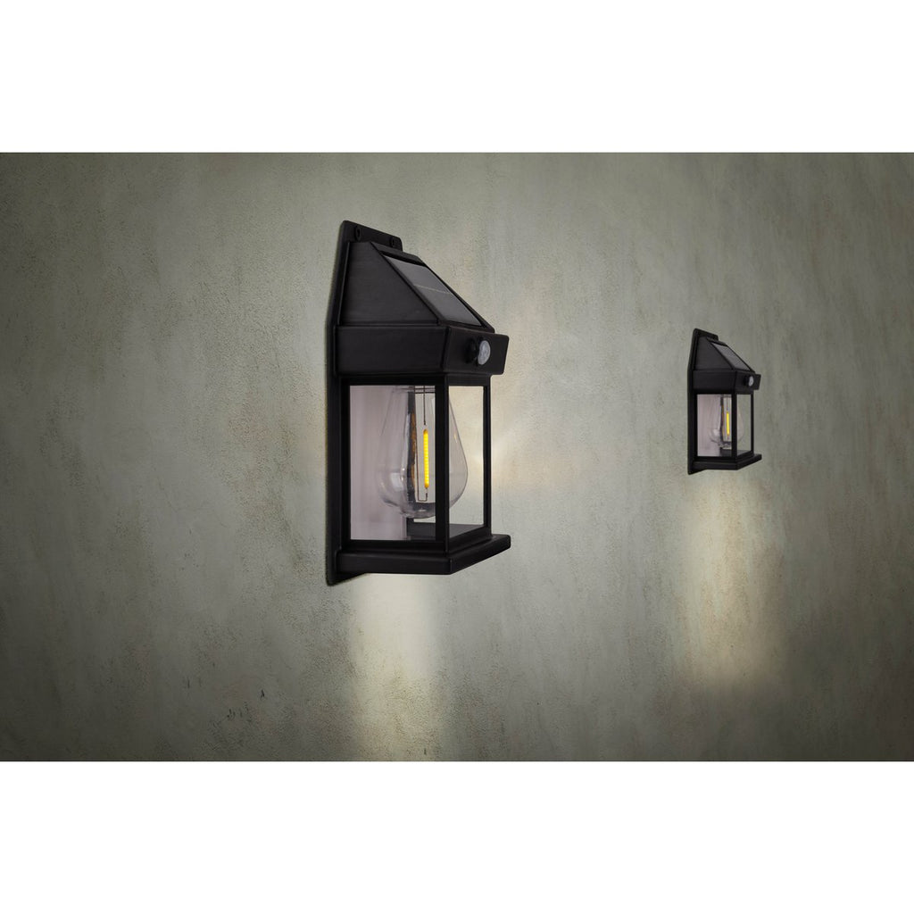 2 Set Solar Wall Lamp "Mira" ca. 17 cm hoog, gemaakt van zwart weerbestendig plastic, geïntegreerde LED in warm wit, inclusief bewegingsdetector en schemeringsensor